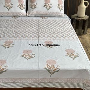Juego de Sábanas Planas de Algodón 100% Hechas a Mano en India con Estampado Sanganeri, 200 Hilos, Lavables a Máquina, para Todas las Estaciones, Tamaño Doble - Product Image 3