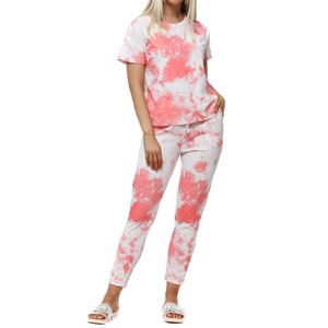 Ensemble de survêtement tie-dye pour femmes, manches courtes, col rond, pantalon de jogging long avec poches latérales, tenue décontractée d'été, design dégradé de couleur - Product Image 1