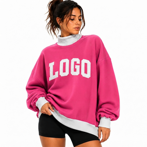 Prix de gros : Sweat à col montant pour femme, coupe décontractée, épaules tombantes, avec lettres brodées personnalisées, en tissu polaire écologique, pour l'hiver - Product Image 1