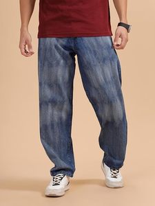 Pantalones Vaqueros de Mezclilla para Hombre, Ecológicos, 100% Algodón, Cintura Media, Corte Holgado, Pierna Ancha, Lavados, Azul Medio, Casuales, Largos - Product Image 4