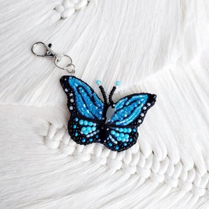 Hand-Embroidered Blue Beaded Butterfly Charm Keychain, <b>Crystal</b> Bag Accessory - Product Image 2