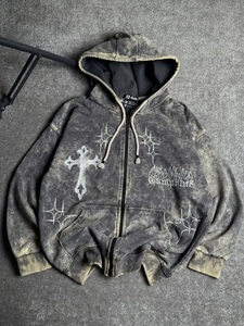 Oversized Zip-Up <b>Hoodie</b> Men <b>Gothic</b> Cross Print Washed Cotton Streetwear Autumn Wear - Product Image 1