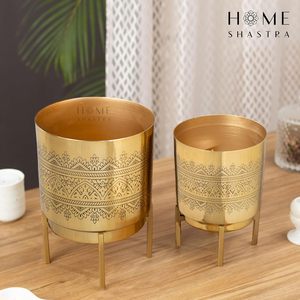 Modern Bohemian Metal Flower Pots With Hand Carved Pattern Indoor Desktop Planters For Green <b>Plants</b> Gold Finish - Product Image 4