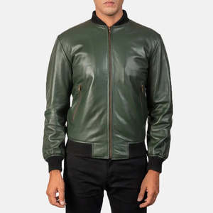 Blouson aviateur en cuir véritable vert pour homme, col montant, fermeture éclair, style moto, idéal pour l'automne - Product Image 6
