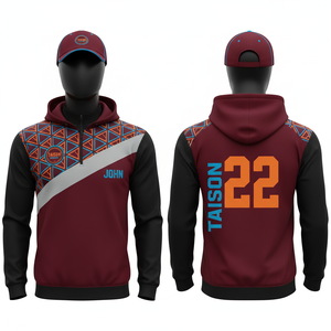Mens Soccer Training Hoodie 280 GSM Premium Polyester <b>Fleece</b> Maroon <b>Black</b> Contrast Panel Sublimation Custom Name Number Teamwear - Product Image 1