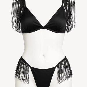 Ensemble de vêtements de nuit élégants et sexy pour femmes, ensemble de lingerie à franges en trois pièces, robe avec soutien-gorge et culotte, 100% polyester - Product Image 1
