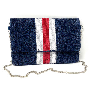 Bolso de Mano Tipo Clutch Hecho a Mano con Cuentas Azul Marino, Bolso Bandolera Plegable y Duradero con Diseño de Rayas Rojas y Blancas, Bolsos Casuales - Product Image 1