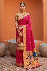 Sari en soie Pethani avec broderies Zari de paons et de fleurs, tenue traditionnelle de mariage pour femmes, style indien - Product Image 3