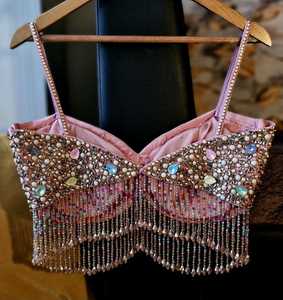 COTTON COUTURE Débardeur bustier pour femme, orné de perles et de paillettes, vert émeraude, à franges, style corset bralette, motif géométrique, sexy - Product Image 4