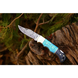 Cuchillo de Bolsillo de Acero de Damasco Hecho a Mano Personalizado OEM/ODM Burraq con Mango de Resina y Funda de Cuero, Grado DIY para Regalos y Uso en Exteriores - Product Image 2