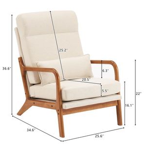 Solid Wood High Back Armrest & <b>Backrest</b> Linen Upholstered Indoor Leisure Chair with Iron Frame Off-White for Living Room - Product Image 5