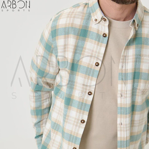 Nueva Llegada, Camisas de Franela a Cuadros Verde Menta y Beige, Totalmente Personalizadas, con Bolsillo en el Pecho y Botones, Precio al por Mayor - Product Image 6