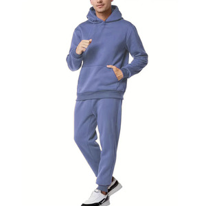 Survêtement à capuche pour homme, bleu uni, 100% coton, respirant, séchage rapide, épaisseur polaire, manches longues, sweat-shirt décontracté, poches latérales - Product Image 1