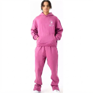 Conjunto Deportivo Unisex con Capucha Color Rosa, 100% Algodón, Corte Holgado, Color Sólido, Ropa Casual de Otoño con Logotipo Frontal - Product Image 1