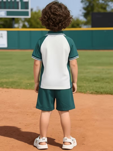 Fashionable Boys Summer Dark Green Casual Jersey Short-Sleeve TEE & Shorts Set ODM White Striped Shorts for Casual Outings - Product Image 3