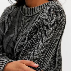 Suéter de punto trenzado gris personalizado para mujer, cuello redondo, manga farol, lana gruesa, tejido a mano, color sólido, informal, holgado, para invierno - Product Image 3