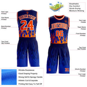 New Custom Orange Blue Basketball Uniform Set Recycled Polyester OEM Sublimation Anti-Bacterial Unisex Adult Team Jersey Shorts - Product Image 2