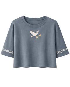 T-shirt court femme bleu acier avec broderie florale colombe, manches courtes, décontracté, en mélange de coton doux, haut d'été pour femme, vente en gros - Product Image 1