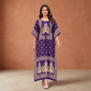 Purple Ethnic <b>Kaftan</b> <b>Dress</b> With Print Loose Fit Floor-Length For Women Casual Wear India Pakistan <b>Style</b> - Product Image 5
