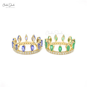Bague en Tanzanite Naturelle et Émeraude Multicolore, Or Jaune Fin 14K, Pavé de Diamants, Couronne, Bague de Cocktail Détachable de Luxe - Product Image 2