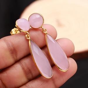 ต่างหูทรงหยดน้ำประดับพลอยแคลเซโดนีสีชมพูทันสมัย ชุบทองคำเวอร์เมล ของขวัญสำหรับงานหมั้น ผลิตโดยผู้ผลิตต่างหู - Product Image 2