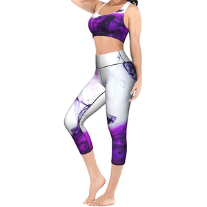 Purple Abstract Print Yoga Set Women 2 Piece High Waist <b>Crop</b> <b>Top</b> Capri Leggings Breathable Spandex Polyester Workout Wear - Product Image 3