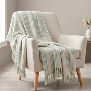 Plaid en coton recyclé 130x170 cm, rayé style ferme, couverture rustique tissée à la main, décoration d'ambiance confortable, fabricant - Product Image 2