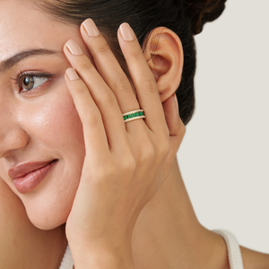 Exclusive Trendy Design 0.92 Ct. Emerald & Diamond Half Eternity Band <b>Ring</b> K14 Pure Yellow Gold Bulk Order Jewelry Wholesaler - Product Image 4