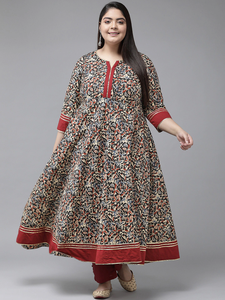 Kurti Anarkali en coton pour femmes grandes tailles avec imprimé floral multicolore, col rond et manches trois quarts - Product Image 1