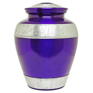 Urne funéraire en métal violet pour cendres humaines |   Urne funéraire pour adulte gravée de fleurs argentées |   Urne commémorative écologique de 220 pouces cubes - Product Image 1