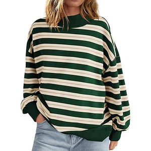 Sweat-shirt vert forêt rayé crème pour femme à col montant, épaules tombantes, manches longues amples et ourlet élastiqué, avec logo personnalisé - Product Image 1