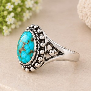 Anillo de Plata de Ley 925 con Turquesa Mohave, Anillo con Gema Azul, Anillo Redondo de Turquesa, Joyería Boho Occidental - Product Image 1