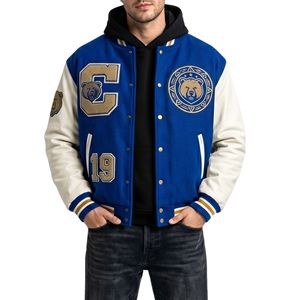 Blouson universitaire blanc et noir à capuche avec écusson C, broderie de grands chiffres, style Letterman, en polaire, coupe bomber, streetwear, vêtement d'extérieur de baseball - Product Image 3