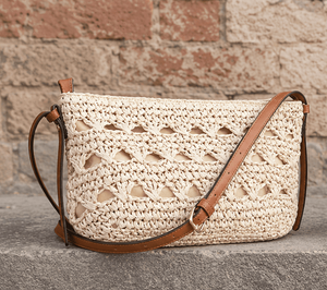 Bohemian Crochet Crossbody Bag Summer Style Flap Closure Women's <b>Mini</b> Bag Tan Woven Shoulder Purse - Product Image 2
