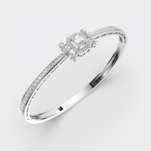 IGI Certified Lab Grown Diamond Emerald Cut Halo Bracelet in 9K Yellow / White & Rose Gold Double Row Pave Designer Bangle - Product Image 2