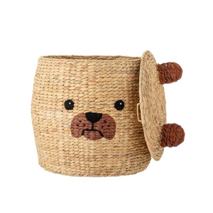 Adorable Bear Face Rattan Storage <b>Basket</b> <b>with</b> <b>Lid</b> Round Natural Plant Fiber Children's Storage Bin Durable Design - Product Image 2