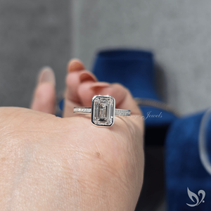 Refined emerald cut lab grown diamond ring 2ct with bezel <b>frame</b> and channel band in 10k white gold - Product Image 4