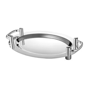 Plateau de service ovale en métal, design minimaliste poli, compatible lave-vaisselle, pour les fêtes, vaisselle et assiettes en acier inoxydable avec poignées - Product Image 1