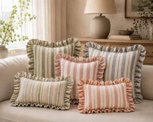 100% Cotton Woven Striped Ruffle Cushion <b>Covers</b> | Handmade Decorative <b>Throw</b> Pillow <b>Covers</b> for Sofa Home Decor - Product Image 1