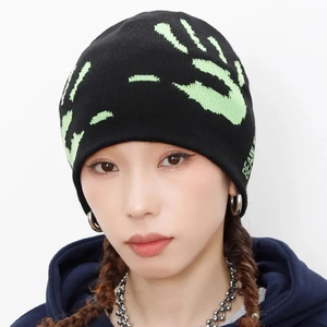 Black Green Handprint Beanie Hat Knit <b>Winter</b> <b>Cap</b> Streetwear Skull <b>Cap</b> Wholesale Trendy Knitted Beanies Custom Letter Patterns - Product Image 2