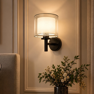 Mercer Contemporary Black <b>Wall</b> Lamp, Double Layer Glass & Fabric Drum Shade <b>Wall</b> <b>Sconce</b> for Bedroom Bedside - Product Image 1