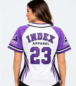 Camiseta de Béisbol para Mujer Index Apparel, Blanca y Morada, Cuello en V, Manga Corta, Cierre de Botones, Ajustada, con Estampado Sublimado 23 - Product Image 2