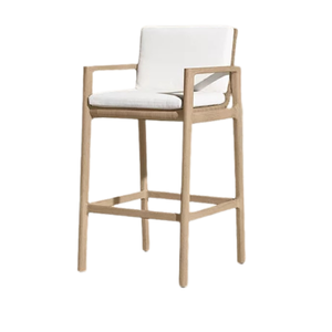 Modern Coastal Solid Teak Bar Chair Natural Rattan Back Premium Upholstered <b>Seat</b> Comfortable Luxury Counter <b>Stool</b> Design - Product Image 2