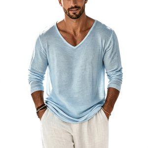 T-shirt en tricot à manches longues pour homme, bleu clair, col en V, coupe ample, décontracté, couleur unie, respirant, en coton - Product Image 6