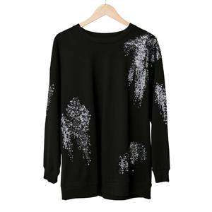 Plus Size Women's Breathable Knitted Curve Black & Silver <b>Sequin</b> Embellished Sweatshirt for Autumn/Winter/Summer/Spring - Product Image 1