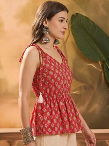 Stylish Formal Cotton <b>Red</b> Print Peplum Top Wholesale Women Floral Print Cotton Peplum Top Elegant Shoulder tie-ups Top - Product Image 2