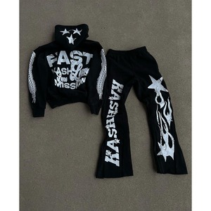 Ensemble de survêtement unisexe en coton blanc avec sweat à capuche et pantalon de jogging, imprimé lettres rouges, streetwear, fermeture éclair intégrale, poche avant, pour l'automne - Product Image 2