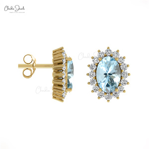 ต่างหูเพชรทรงวงรีขนาด 6x4 มม. ประดับพลอยอะความารีน ตัวเรือนทองคำแท้ 14K พร้อมเพชรรอบวง  ของใหม่มาแรง  ของขวัญประจำเดือนมีนาคม  ราคาขายส่ง - Product Image 3