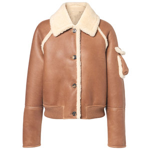 Blouson aviateur en cuir véritable marron pour femme avec col en fourrure, fermeture à boutons, manches longues, style hiver, longueur courte - Product Image 3