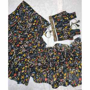 ชุดผ้าแพรจีออร์แกตผ้าพิมพ์ลายดิจิทัลผ้าทำงานมีระบายสไตล์เลเฮงก้าพร้อมเสื้อปักและเข็มขัดสีดำ - Product Image 5